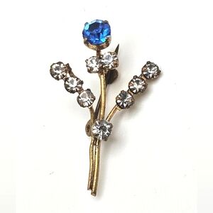 🆓️ FREE ADD ON Vintage Austrian Flower Spray Brooch Gold Blue Clear Rhinestones